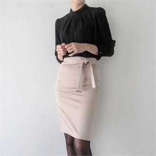 Mock-neck Shirred Chiffon Blouse