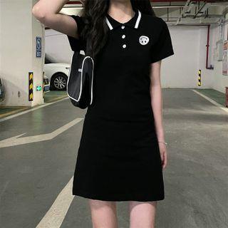 Short-sleeve Smiley Face Embroidered Mini Collared Dress Black - One Size