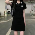 Short-sleeve Smiley Face Embroidered Mini Collared Dress Black - One Size