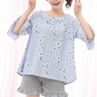 Floral Print V-neck Elbow-sleeve T-shirt