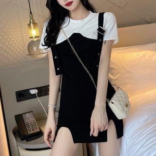 Mock Two-piece Short-sleeve Slit Dress