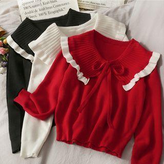 Ribbon-neckline Ruffled-collar Loose Sweater In 5 Colors