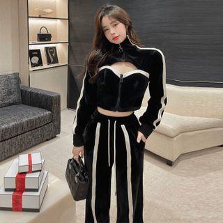 Contrast Trim Cutout Zip Jacket / Wide Leg Pants