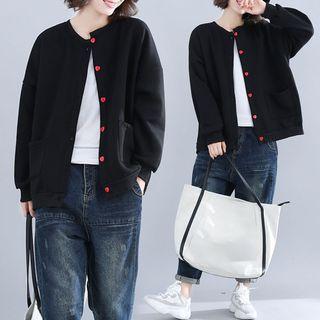 Plain Round-neck Long-sleeve Jacket Black - F