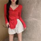 V-neck Plain Button-up Top Red Top - One Size