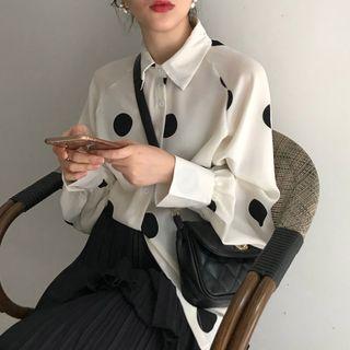 Dot Puff-sleeve Loose-fit Shirt / Ruffle Skirt