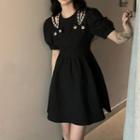 Short-sleeve Rhinestone Mini A-line Dress Black - One Size