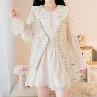 Set: Lace Trim Long-sleeve A-line Dress + Tweed Vest