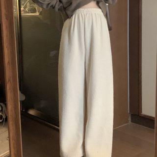 Elastic-waist Plain Straight-leg Pants Almond - One Size