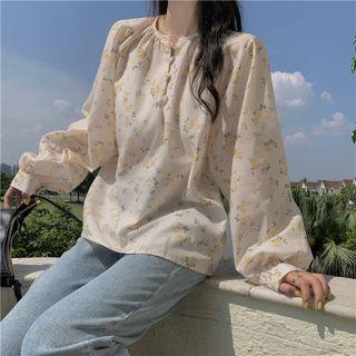 Long-sleeve Floral Blouse Yellow Flowers - Beige - One Size