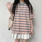 Striped Short-sleeve T-shirt / Mini A-line Pleated Skirt / Set