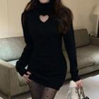 Long-sleeve Heart-cutout Knit Mini Bodycon Dress Black - One Size