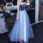 Spaghetti Strap Striped Paneled Gradient Mesh A-line Evening Gown