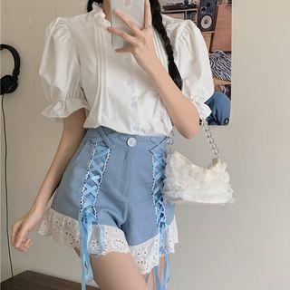 Puff-sleeve Ruffled Blouse / Lace-up High Waist Shorts / Set