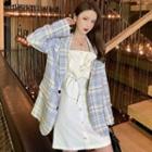 Sleeveless Stitched Trim Buttoned A-line Mini Dress / Plaid Blazer