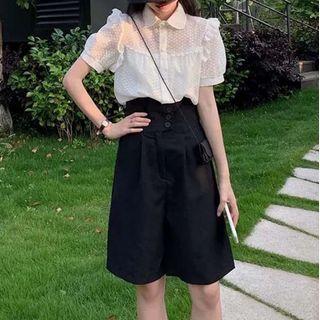 Set: Short Sleeve Frilled Trim Lace Shirt + High Waist Shorts