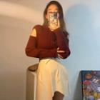 Long-sleeve Cold-shoulder Knit Top / Faux Leather High Waist Mini Skirt