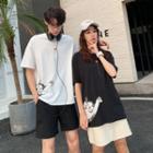 Couple Matching Elbow-sleeve Cat Printed T-shirt / Shorts
