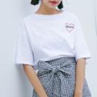 Set:heart Embroidered Top+check Skirt