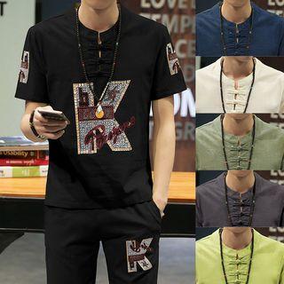 Set: Short-sleeve Embroidery/embelished Top + Shorts