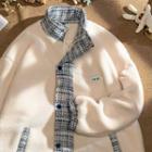 Mock-neck Plaid Faux Shearling Button-up Oversize Sweater