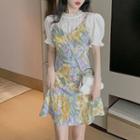 Spaghetti Strap Floral Print Mini A-line Dress / Short-sleeve Blouse