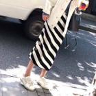Striped A-line Knit Skirt Stripes - Black & White - One Size