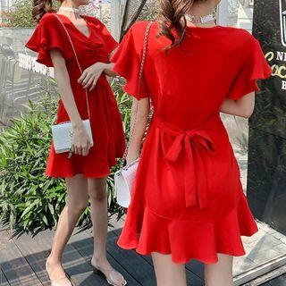 Short-sleeve Plain Strappy Crinkled Ruffled Mini Dress