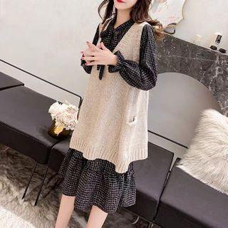 Set: Long-sleeve Tie-neck Midi A-line Dress + Knit Vest