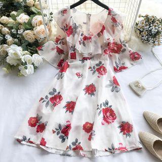 Elbow-sleeve Printed Chiffon Ruffled A-line Dress