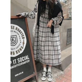 Keyhole-back Check Long Empire Dress
