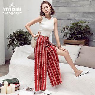 Patterned Wide Leg Slit Pants