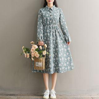 Long-sleeve Star Print A-line Midi Corduroy Dress