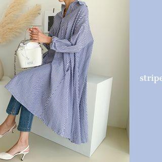 Flared Striped Shirtdress With Sash Blue - One Size
