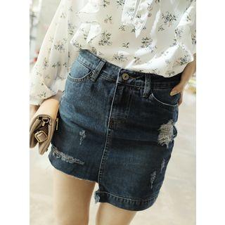 Inset Shorts Asymmetric-hem Denim Mini Skirt