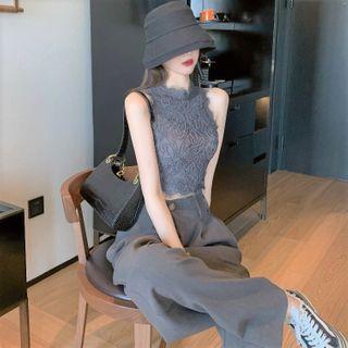 Sleeveless Lace Crop Top / Wide-leg Dress Pants