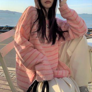Round-neck Striped Slit Long-sleeve Sweater / High-waist Wide-leg Pants