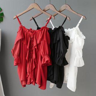 Cold-shoulder Elbow-sleeve Ruffle-trim Blouse