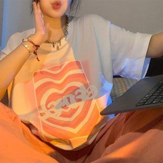 Short Sleeve Heart Printed Oversized T-shirt