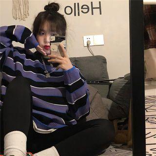 Color-block Striped Round-neck Knit Sweater Stripe - Purple - One Size
