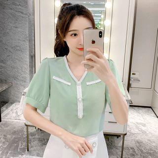 Short-sleeve Button-up Chiffon Blouse