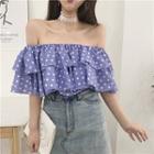 Dotted Ruffle Trim Off-shoulder Short-sleeve Top