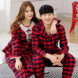 Couple Matching Loungewear Set: Long-sleeve Check Top + Pants