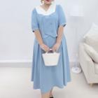 Plus Size Set: Puff-sleeve Two-tone Blouse + Midi A-line Skirt