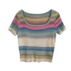 Short-sleeve Striped Knit Top Pink & Blue & Yellow - One Size