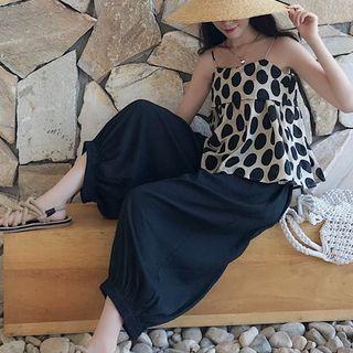 Set: Dotted Spaghetti-strap Top + Baggy Pants
