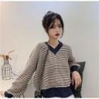 Striped V-neck Long-sleeve Knit Top As Figure - One Size