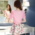 Set: Ruffle Trim Short-sleeve Top + Floral Print A-line Skirt