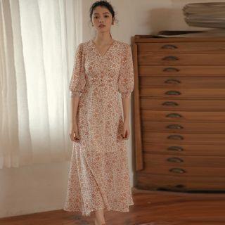 Floral Print Balloon-sleeve Maxi A-line Dress