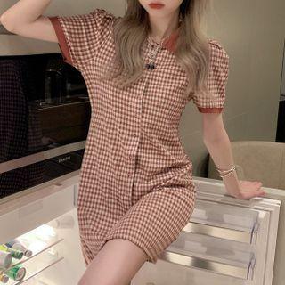 Short-sleeve Plaid Mini Knit Dress Red - One Size